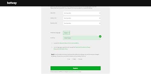 Betway account country choices